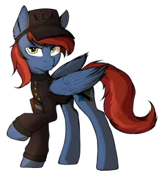 Size: 1800x1900 | Tagged: safe, artist:tatykin, derpibooru import, oc, oc:firewire, unofficial characters only, pegasus, pony, clothes, enclave, enclave uniform, image, male, pegasus oc, png, simple background, solo, stallion, transparent background, uniform, uniform hat, wings