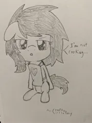 Size: 3072x4080 | Tagged: safe, artist:craftycirclepony, derpibooru import, oc, oc:anonfilly, unofficial characters only, earth pony, pony, apron, clothes, dialogue, female, filly, floppy ears, foal, frown, heart, image, jpeg, looking at you, pencil drawing, sitting, solo, traditional art, upset