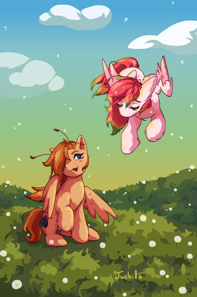 Size: 2873x4340 | Tagged: safe, artist:ju4111a, derpibooru import, oc, oc:chise, oc:svatya, fluffy pony, pegasus, pony, antennae, chest fluff, cloud, colored eyebrows, colored eyelashes, colored wings, dandelion, duo, ear fluff, field, flower, flowing mane, flowing tail, flying, gradient mane, hoof fluff, image, looking at each other, looking at someone, meadow, multicolored mane, nature, pegasus oc, pegasus wings, png, raised hoof, scar, seeds, sitting, smiling, smiling at each other, tail, two toned wings, wind, windswept mane, wings