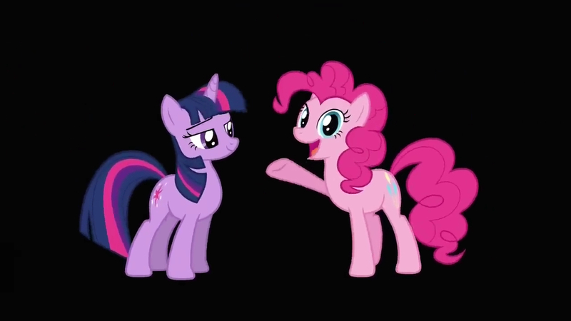 Size: 1280x720 | Tagged: safe, derpibooru import, screencap, pinkie pie, twilight sparkle, earth pony, unicorn, g4, magic duel, black background, female, image, jpeg, looking at you, my little pony, raised hoof, simple background, smiling, smiling at you, smirk, unicorn twilight