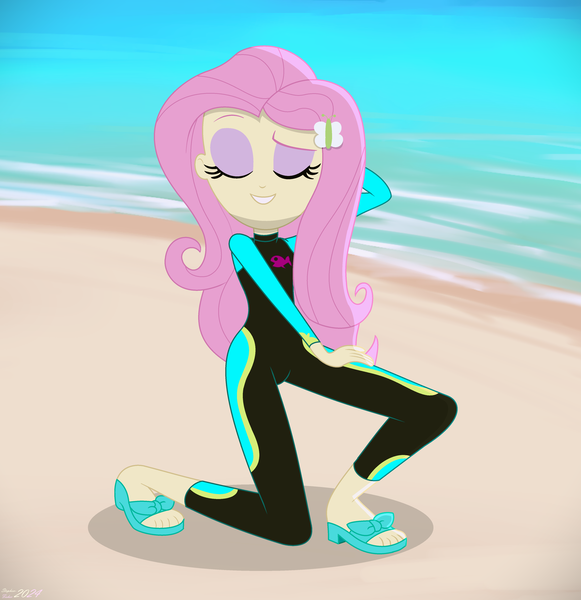 Size: 4075x4208 | Tagged: safe, artist:stephen-fisher, derpibooru import, fluttershy, human, equestria girls, g4, i'm on a yacht, spoiler:eqg series (season 2), beach, eyes closed, female, fluttershy's wetsuit, image, my little pony equestria girls: better together, ocean, png, pose, sandals, smiling, solo, water, wetsuit