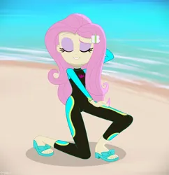 Size: 4075x4208 | Tagged: safe, artist:stephen-fisher, derpibooru import, fluttershy, human, equestria girls, g4, i'm on a yacht, spoiler:eqg series (season 2), beach, eyes closed, female, fluttershy's wetsuit, image, my little pony equestria girls: better together, ocean, png, pose, sandals, smiling, solo, water, wetsuit