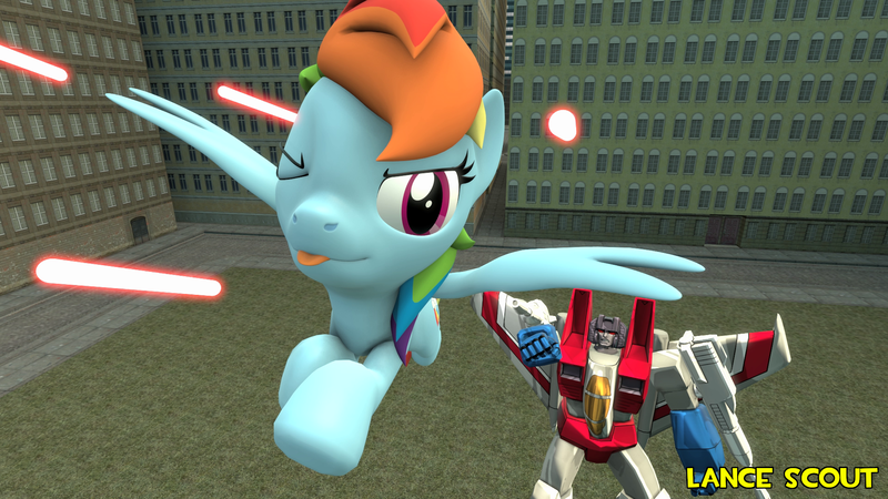 Size: 1920x1080 | Tagged: safe, artist:lancescout, ponerpics import, ponybooru import, rainbow dash, pegasus, pony, robot, 3d, crossover, female, image, male, png, remake, source filmmaker, starscream, starscream vs rainbow dash, transformers