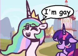 Size: 458x329 | Tagged: safe, artist:rosa ushiromiya, derpibooru import, princess celestia, twilight sparkle, alicorn, pony, g4, digital art, duo, duo female, female, image, implied lesbian, implied shipping, implied twilestia, lesbian, mare, png, ponyville, speech bubble