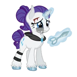 Size: 1440x1440 | Tagged: safe, artist:6hellboy9, derpibooru import, rarity, pony, unicorn, g4, blood, crying, horn, image, magic, png, pony virus, redesign, sad, scissors, solo