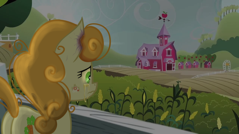 Size: 1280x720 | Tagged: safe, artist:6hellboy9, derpibooru import, carrot top, golden harvest, earth pony, pony, g4, apple farm, bite mark, crying, image, png, pony virus, redesign, rotten apple, solo, virus