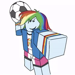 Size: 736x735 | Tagged: artist needed, source needed, safe, derpibooru import, rainbow dash, human, equestria girls, g4, amogus, among us, baller, barefoot, blue skin, bracelet, clothes, confident, feet, female, football, holding, image, jacket, jewelry, jpeg, meme, multicolored hair, ponified meme, rainbow hair, raised arm, roblox, shirt, shorts, smug, sports, t-shirt, throwing, wristband