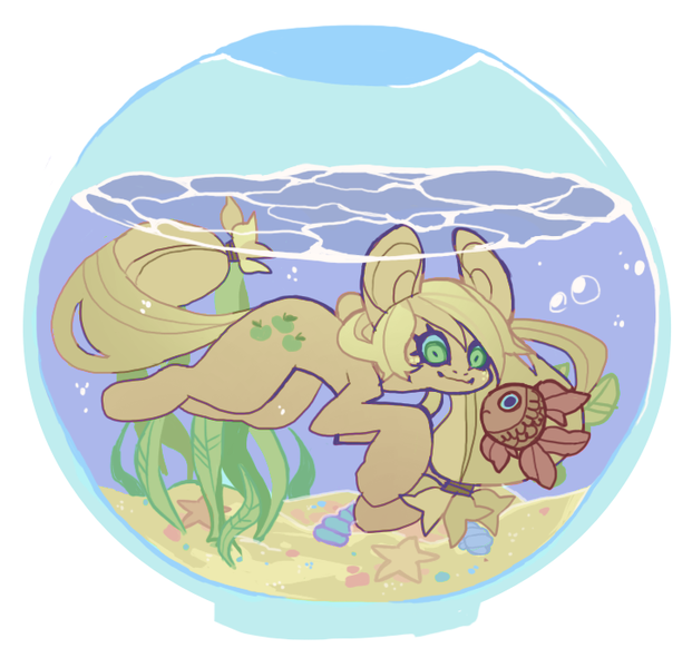 Size: 724x699 | Tagged: safe, artist:cutesykill, derpibooru import, applejack, earth pony, fish, goldfish, pony, starfish, g4, alternate cutie mark, big ears, big eyes, blonde mane, blonde tail, blue sclera, colored pinnae, colored sclera, eyelashes, female, fish bowl, floating, freckles, green eyes, hair tie, hatless, image, kelp, mane tie, mare, missing accessory, no catchlights, orange coat, png, ponytail, rectangular pupil, sand, seashell, simple background, smiling, solo, swimming, tail, tail tie, thick eyelashes, this will end in drowning, tied mane, tied tail, underwater, water, white background, wide eyes