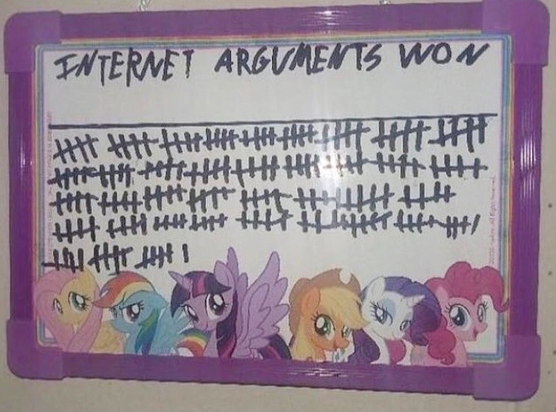 Size: 863x640 | Tagged: safe, derpibooru import, applejack, fluttershy, pinkie pie, rainbow dash, rarity, twilight sparkle, twilight sparkle (alicorn), alicorn, earth pony, pegasus, pony, unicorn, counting, dry erase board, horn, image, internet argument, irl, jpeg, mane six, meme, merchandise, my little board, needs more jpeg, photo, score, tally marks, whiteboard