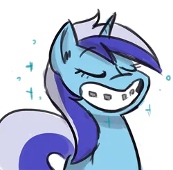 Size: 482x473 | Tagged: safe, artist:anonymous, derpibooru import, minuette, pony, unicorn, g4, big grin, braces, colored, drawthread, eyebrows, eyebrows visible through hair, eyes closed, female, grin, horn, image, mare, png, requested art, simple background, smiling, solo