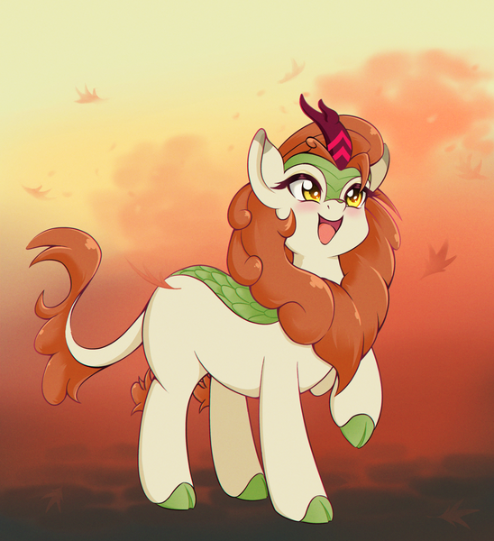 Size: 2411x2641 | Tagged: safe, artist:ravenirik, derpibooru import, autumn blaze, kirin, g4, autumn, awwtumn blaze, cute, falling leaves, female, image, leaves, open mouth, png, smiling, solo