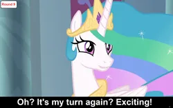 Size: 1920x1206 | Tagged: safe, derpibooru import, edit, edited screencap, screencap, princess celestia, alicorn, pony, comic:celestia's servant interview, g4, horse play, season 8, spoiler:s08, caption, cs captions, female, image, image macro, interview, jewelry, lip bite, mare, my little pony, png, regalia, solo, text