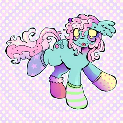 Size: 2048x2048 | Tagged: safe, artist:larvaecandy, derpibooru import, minty, earth pony, pony, g3, :3, beanbrows, big eyes, clothes, colored sclera, curly eyelashes, ear fluff, eye clipping through hair, eyebrows, eyelashes, female, floppy ears, green coat, image, long mane, long tail, mare, mint coat, mismatched socks, my little pony: a very minty christmas, no catchlights, no pupils, outline, patterned background, pink mane, pink tail, png, polka dot background, purple eyes, purple sclera, raised hoof, raised leg, shaggy mane, socks, solo, sparkles, sparkly mane, sparkly tail, standing on two hooves, tail, that pony sure does love socks, three quarter view, tongue out, turned head, wingding eyes, yellow eyes