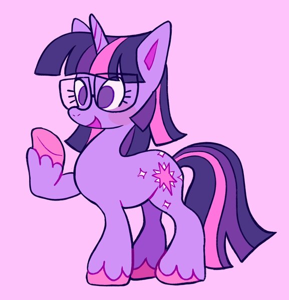 Size: 1968x2048 | Tagged: safe, artist:alexbeeza, derpibooru import, twilight sparkle, pony, unicorn, g4, alternate design, bangs, big eyes, blushing, colored, colored hooves, colored pinnae, cute, eyelashes, female, flat colors, glasses, hooves, horn, image, jpeg, mare, no catchlights, no pupils, open mouth, open smile, pink background, pink hooves, purple coat, purple eyes, raised hoof, shaggy mane, simple background, smiling, solo, standing, standing on three hooves, straight mane, straight tail, three quarter view, three toned mane, three toned tail, twiabetes, underhoof, unicorn horn, unicorn twilight, unshorn fetlocks