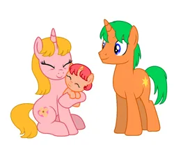 Size: 1280x1184 | Tagged: safe, artist:princessedith568, derpibooru import, oc, oc:bright star, oc:primrose, unnamed oc, unofficial characters only, pony, unicorn, baby, baby pony, base used, cute, eyes closed, family, female, filly, foal, horn, image, jpeg, male, mare, ocbetes, simple background, smiling, stallion, trio, unicorn oc, white background