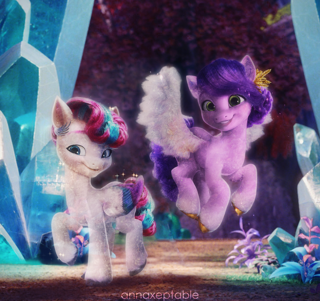 Size: 4449x4192 | Tagged: safe, artist:annaxeptable, derpibooru import, edit, edited screencap, screencap, pipp petals, zipp storm, crystal pony, pegasus, pony, g5, my little pony: a new generation, 3d, alternate hairstyle, bridlewood, cave, circlet, crystal, crystal pipp, crystal zipp, crystallized, duo, duo female, female, flower, fluffy wings, flying, forest, happy, image, mare, nature, png, portrait of a princess, raised hoof, royal sisters (g5), siblings, signature, sisters, smiling, sparkles, tree, unshorn fetlocks