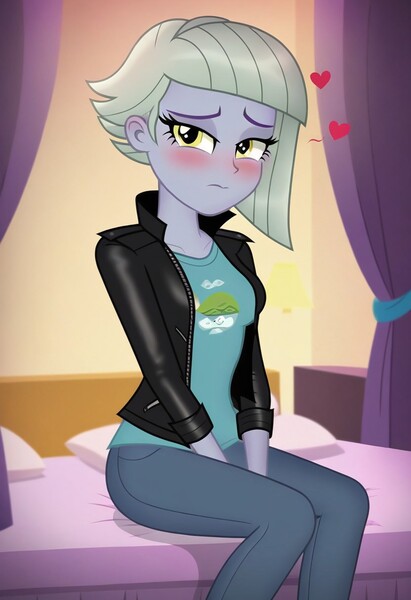 Size: 832x1216 | Tagged: safe, ai content, derpibooru import, machine learning generated, prompter:nwth, limestone pie, human, equestria girls, g4, bed, bedroom, blushing, breasts, busty limestone pie, clothes, curtains, denim, embarrassed, equestria girls-ified, female, flirting, heart, image, indoors, jacket, jeans, jpeg, leather, leather jacket, looking at you, pants, shirt, solo, t-shirt