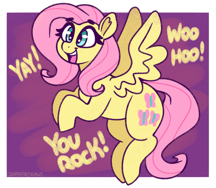 Size: 2000x1742 | Tagged: safe, artist:graphene, derpibooru import, fluttershy, pegasus, pony, female, flying, happy, image, jpeg, mare, motivational, open mouth, open smile, signature, smiling, solo, spread wings, square background, text, wings