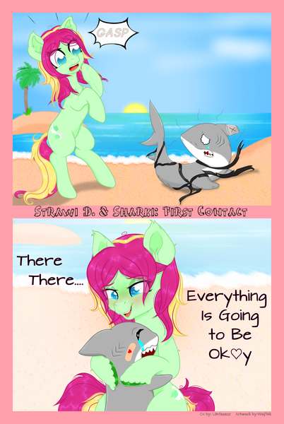 Size: 4091x6105 | Tagged: safe, artist:wojtek-ツ, derpibooru import, oc, oc:strawi dinosaur, unofficial characters only, earth pony, pony, shark, beach, bust, chest fluff, comforting, comic, crying, cute, derpibooru exclusive, dialogue, earth pony oc, eye clipping through hair, eyebrows, eyebrows visible through hair, fanart, full body, gift art, help me, helpless, hug, image, lineless, looking at you, ocbetes, onomatopoeia, open mouth, panel, png, ponysona, raised hoof, reference sheet, shocked, signature, simple background, smiling, solo, sun, tears of joy, transparent background, unshorn fetlocks, wholesome