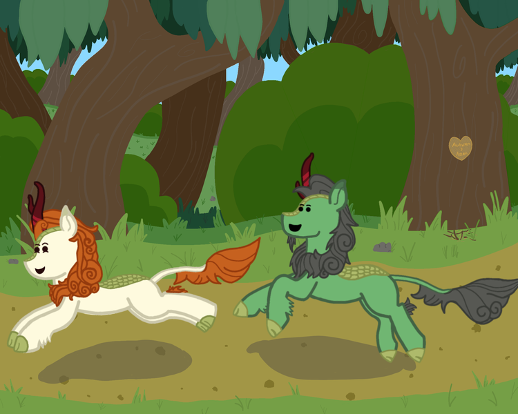 Size: 2000x1600 | Tagged: safe, artist:deej, derpibooru import, autumn blaze, oc, oc:anon kirin, oc:anon stallion, kirin, g4, canon x oc, duo, duo male and female, female, forest, happy, image, male, nature, png, running, shipping, simple background, straight, tree, tree carving