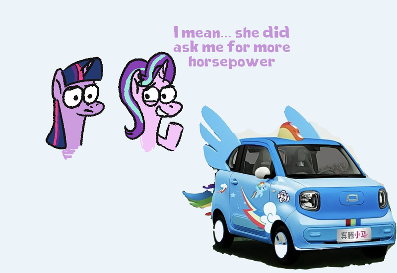 Size: 1048x720 | Tagged: safe, artist:zoeyhorse, derpibooru import, rainbow dash, starlight glimmer, twilight sparkle, twilight sparkle (alicorn), alicorn, pegasus, pony, unicorn, g4, bestune, bestune pony, car, carified, dialogue, female, horn, image, inanimate tf, light blue background, mare, png, simple background, transformation, trio