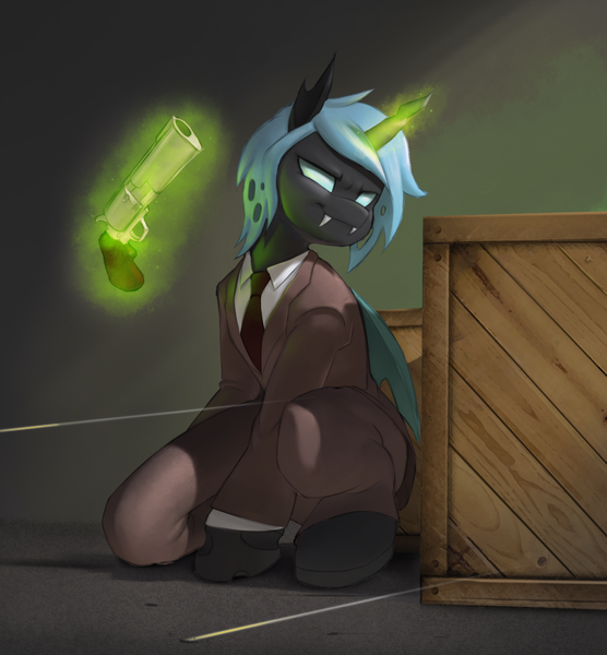 Size: 1386x1496 | Tagged: oc name needed, safe, artist:stardep, oc, unofficial characters only, changeling, semi-anthro, ambassador, changeling oc, clothes, crate, crouching, fangs, glowing horn, gun, horn, image, magic, necktie, png, smiling, solo, spy, suit, team fortress 2, telekinesis, weapon