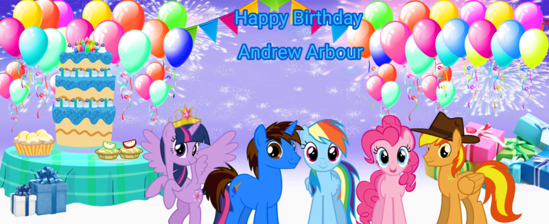 Size: 2446x1000 | Tagged: safe, artist:lizzmcclin, derpibooru import, pinkie pie, rainbow dash, twilight sparkle, oc, oc:andrew, oc:firey ratchet, g4, balloon, birthday cake, birthday party, cake, crown, fedora, food, happy birthday, hat, image, jewelry, party, png, regalia