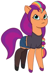 Size: 808x1200 | Tagged: safe, artist:edy_january, artist:prixy05, derpibooru import, edit, editor:edy_january, vector edit, sunny starscout, earth pony, pony, g5, my little pony: tell your tale, angry, clothes, denim, denim skirt, feet, ibispaint x, image, miniskirt, png, shirt, shoes, simple background, skirt, socks, solo, stocking feet, stockings, t-shirt, thigh highs, transparent background, vector