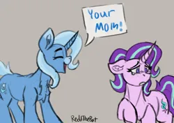 Size: 1154x814 | Tagged: safe, artist:reddthebat, derpibooru import, starlight glimmer, trixie, pony, unicorn, g4, chest fluff, duo, duo female, eyes closed, female, frown, gray background, horn, image, jpeg, mare, open mouth, open smile, sad, signature, simple background, smiling, teary eyes, your mom