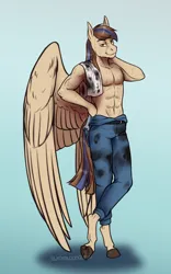 Size: 2522x4042 | Tagged: safe, artist:blackblood-queen, derpibooru import, oc, oc:bluetec, anthro, pegasus, pony, unguligrade anthro, abs, clothes, coveralls, dirty, grease, image, male, partially open wings, pegasus oc, png, shirt, smug, stallion, wings, wrench