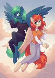 Size: 3508x4961 | Tagged: safe, artist:skysorbett, derpibooru import, oc, oc:emerald, oc:firefly, unofficial characters only, anthro, pegasus, pony, clothes, cloud, duo, female, flying, hooves, image, looking at each other, looking at someone, png, sky, smiling, wings