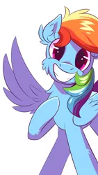 Size: 1080x1920 | Tagged: safe, artist:candy meow, derpibooru import, rainbow dash, pegasus, pony, g4, cheek fluff, chest fluff, ear fluff, female, happy, hoof on chest, image, looking at you, mare, one wing out, png, simple background, smiling, smiling at you, solo, white background, wide smile, wings