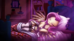 Size: 5360x3015 | Tagged: suggestive, artist:king-kakapo, derpibooru import, fluttershy, pegasus, art pack:the bridle bliss catalogue, bed, blanket, blushing, clothes, eyes closed, female, fluttershy's bedroom, fluttershy's cottage, garter belt, garters, image, lace, lace underwear, moonlight, night, nightgown, panties, pillow, png, skirt, skirt pull, sleeping, socks, solo, solo female, spread wings, stockings, thigh highs, underwear, upskirt, white underwear, wings