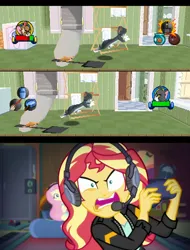 Size: 1280x1680 | Tagged: safe, artist:ardoplasma41, derpibooru import, fluttershy, sunset shimmer, cat, mouse, equestria girls, g4, game stream, spoiler:eqg series (season 2), bowling ball, broom, coal shovel, controller, fish bowl, frying pan, game screencap, gamer sunset, gamershy, image, ironing board, jerry mouse, my little pony equestria girls: better together, playstation, png, sunset shimmer frustrated at game, tom and jerry, tom and jerry in house trap, tom cat, towel, washing machine