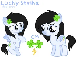 Size: 2048x1536 | Tagged: safe, artist:cloveryrhythm, derpibooru import, oc, oc:lucky strike, unofficial characters only, pegasus, pony, black mane, blue eyes, clover, colored wings, cute, cutie mark, female, filly, filly oc, flying, foal, gradient wings, image, lightning, png, raised hoof, reference sheet, simple background, solo, solo female, wings