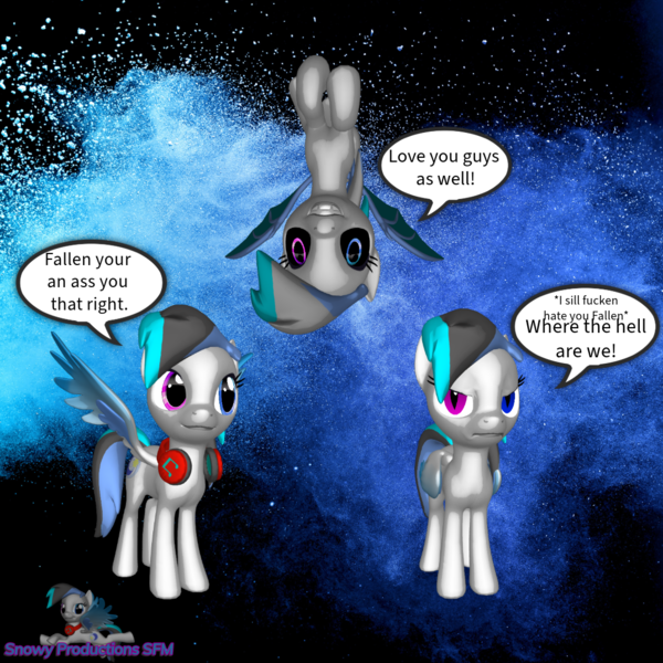 Size: 1080x1080 | Tagged: safe, artist:snowy starshine, oc, oc:fallen snowstar, oc:snowy starfall, oc:snowy starshine, bat pony, pegasus, pony, 3d, bat ponified, image, looking at each other, png, race swap, source filmmaker, text, upside down, wings, wings extended