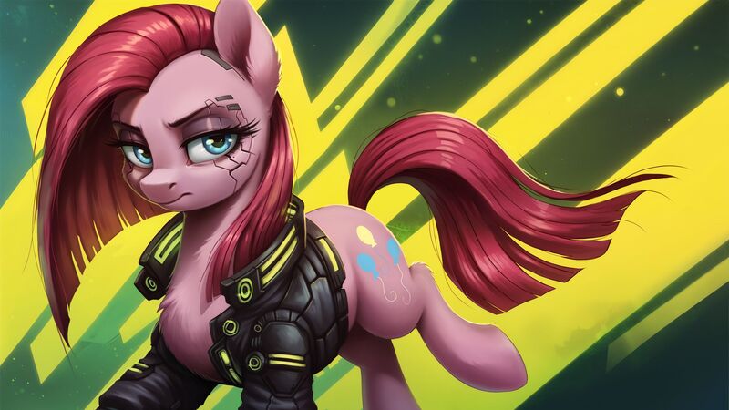 Size: 2560x1440 | Tagged: safe, ai content, derpibooru import, machine learning generated, stable diffusion, pinkie pie, earth pony, pony, g4, abstract background, clothes, cyberpunk, cyberpunk 2077, disdain, female, frown, generator:pony diffusion v6 xl, image, jacket, jpeg, lidded eyes, looking at you, mare, pinkamena diane pie, prompter:siber, raised hoof, solo, walking, wallpaper