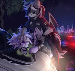 Size: 5300x5000 | Tagged: safe, artist:flightov, derpibooru import, oc, oc:midnight flight, oc:oldi filmes, unofficial characters only, anthro, bat pony, arrested, bat pony oc, bat wings, car, collar, cuffs, image, jpeg, police officer, wings