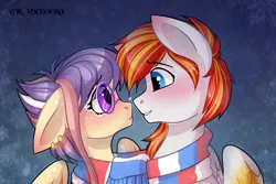 Size: 1800x1200 | Tagged: safe, artist:mrvhenanra, derpibooru import, oc, oc:cookie, oc:heartfire, unofficial characters only, pegasus, pony, clothes, duo, female, image, male, oc x oc, pegasus oc, png, scarf, shared clothing, shared scarf, shipping, straight, wings