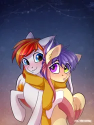 Size: 1200x1600 | Tagged: safe, artist:mrvhenanra, derpibooru import, oc, oc:cookie, oc:heartfire, unofficial characters only, pegasus, pony, clothes, duo, female, image, male, oc x oc, pegasus oc, png, scarf, shared clothing, shared scarf, shipping, straight, wings