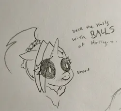 Size: 2134x1954 | Tagged: safe, artist:pony quarantine, derpibooru import, oc, oc:dyx, unofficial characters only, alicorn, pony, bust, christmas, dialogue, eye clipping through hair, female, filly, floppy ears, foal, grayscale, holiday, image, jpeg, monochrome, pencil drawing, snickering, solo, traditional art