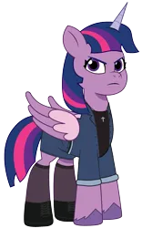 Size: 1121x1800 | Tagged: safe, artist:edy_january, artist:prixy05, derpibooru import, edit, vector edit, twilight sparkle, twilight sparkle (alicorn), alicorn, pony, g4, g5, my little pony: tell your tale, boots, clothes, cross, cross necklace, denim, denim jacket, denim skirt, feet, g4 to g5, generation leap, ibispaint x, image, jacket, jewelry, necklace, png, shirt, shoes, simple background, skirt, socks, solo, stocking feet, stockings, t-shirt, thigh highs, transparent background, vector