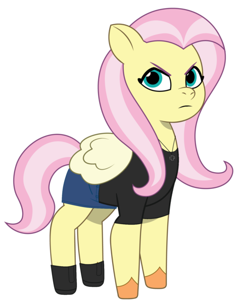 Size: 1400x1800 | Tagged: safe, artist:edy_january, artist:prixy05, derpibooru import, edit, editor:edy_january, vector edit, fluttershy, pegasus, pony, g4, g5, angry, clothes, denim, denim skirt, g4 to g5, generation leap, ibispaint x, image, iron cross, iron cross necklace, jewelry, looking at you, miniskirt, necklace, png, shirt, shoes, simple background, skirt, solo, t-shirt, transparent background, vector