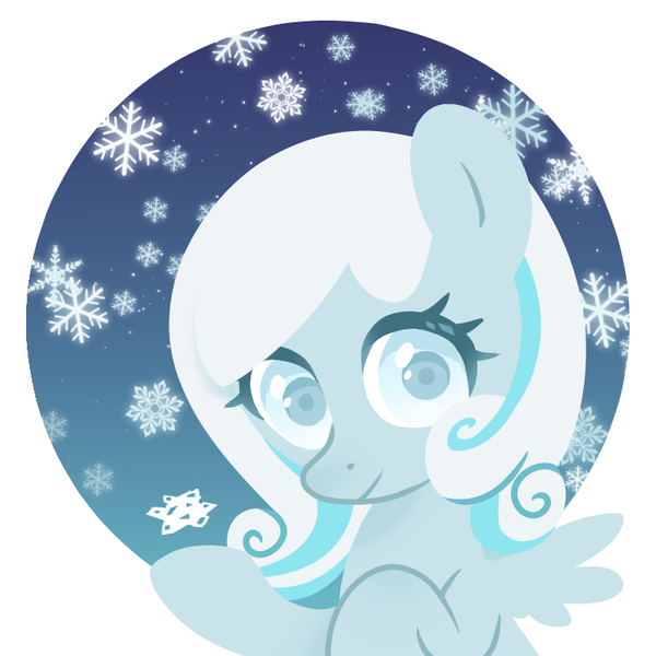 Size: 800x800 | Tagged: safe, artist:leslie, derpibooru import, oc, oc:snowdrop, pegasus, pony, circle background, female, filly, foal, gradient background, image, looking at you, png, simple background, smiling, snow, snowfall, solo, spread wings, upper body, white background, wings