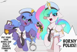 Size: 2800x1900 | Tagged: suggestive, artist:skitsniga, derpibooru import, princess celestia, princess luna, alicorn, pony, g4, beanbrows, clothes, cuffs, dialogue, duo, duo female, eggplant, eye clipping through hair, eyebrows, eyebrows visible through hair, female, females only, food, gun, hand, handgun, high res, horny police, image, magic, magic hands, mare, open mouth, pistol, png, police badge, police uniform, royal sisters, siblings, sisters, speech bubble, talking to viewer, weapon, wing hold, wings