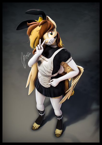 Size: 4000x5656 | Tagged: safe, artist:imafutureguitarhero, derpibooru import, oc, oc:prince whateverer, unofficial characters only, anthro, pegasus, unguligrade anthro, g4, 3d, :3, absurd resolution, anthro oc, apron, boots, border, bunny ears, bunny tail, cheek fluff, chromatic aberration, clothes, crossdressing, crown, ear fluff, evening gloves, face mask, femboy, feminine stallion, film grain, floppy ears, fluffy, fluffy hair, fluffy mane, fluffy tail, french maid, fur, girly, gloves, hand on hip, head tilt, high angle, hoof boots, hoof fluff, image, jewelry, jpeg, long gloves, looking at you, looking up, looking up at you, maid, male, mask, multicolored hair, multicolored mane, multicolored tail, neck fluff, one ear down, one eye closed, paintover, peace sign, princewhateverer, regalia, revamped anthros, revamped ponies, shoes, signature, socks, solo, source filmmaker, stockings, tail, thigh highs, uniform, unshorn fetlocks, wall of tags, wings, wink, winking at you, zettai ryouiki