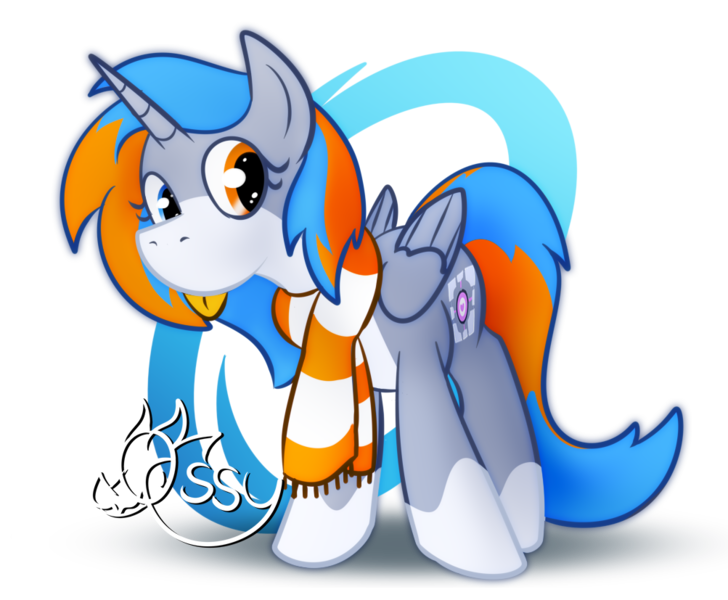 Size: 1003x827 | Tagged: safe, artist:ossilia flawol, derpibooru import, oc, oc:portal bump, unofficial characters only, alicorn, pony, g4, alicorn oc, clothes, companion cube, female, horn, image, looking at you, png, portal (valve), scarf, simple background, solo, tongue out, transparent background, wings