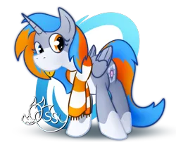 Size: 1003x827 | Tagged: safe, artist:ossilia flawol, derpibooru import, oc, oc:portal bump, unofficial characters only, alicorn, pony, g4, alicorn oc, clothes, companion cube, female, horn, image, looking at you, png, portal (valve), scarf, simple background, solo, tongue out, transparent background, wings