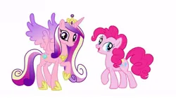 Size: 640x356 | Tagged: safe, artist:shucku, derpibooru import, pinkie pie, princess cadance, alicorn, earth pony, pony, g4, colored wings, crown, duo, duo female, female, gradient wings, image, jewelry, jpeg, mare, open mouth, open smile, palette swap, peytral, raised hoof, recolor, regalia, simple background, smiling, spread wings, white background, wings