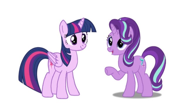 Size: 640x356 | Tagged: safe, artist:shucku, derpibooru import, starlight glimmer, twilight sparkle, twilight sparkle (alicorn), alicorn, pony, unicorn, g4, duo, duo female, ember's worst nightmare, female, folded wings, horn, image, jpeg, mare, open mouth, open smile, palette swap, raised tail, recolor, simple background, smiling, tail, white background, wings